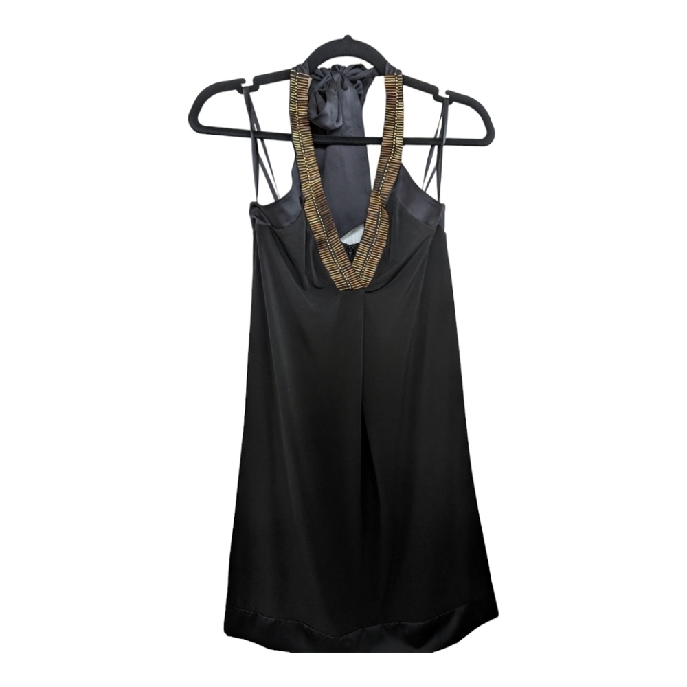NEW Max and Cleo Black V-Neck Flirty Girl Halter Dress with Gold Accents Size 2